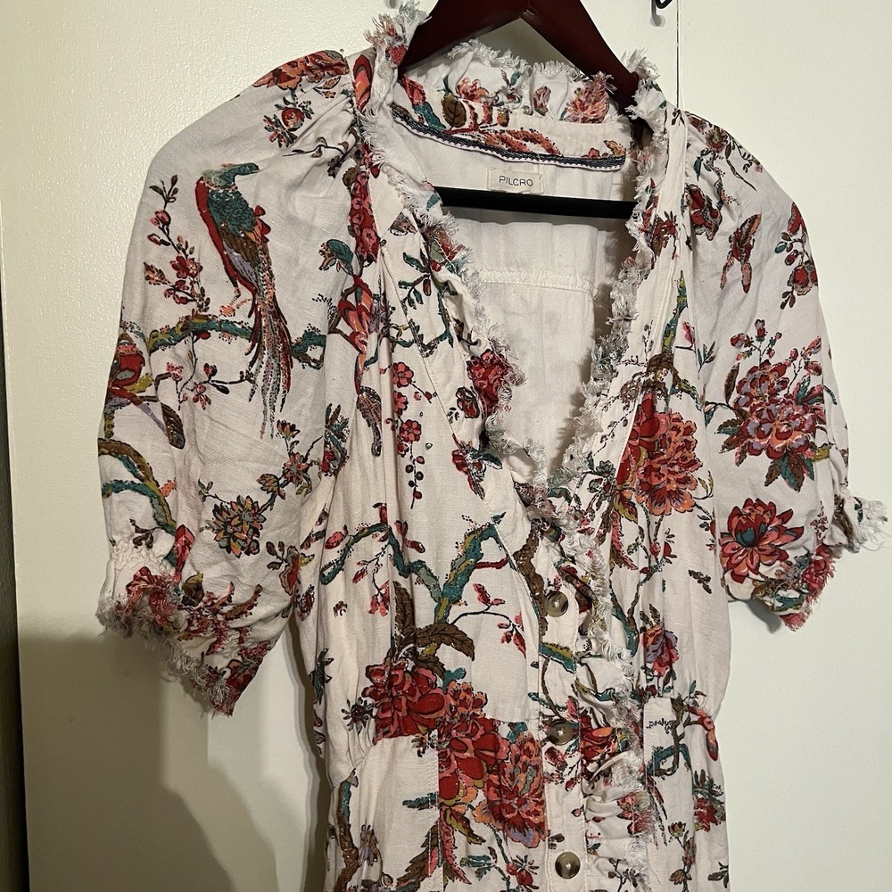 PILCRO Anthropologie Boho Floral Linen Blend Midi Dress Chic Cottagecore Size 12 - Picture 2 of 9